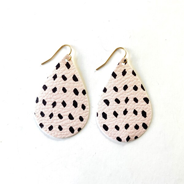 NEW! Pink with Black Dots Brush Strokes Faux Leather Teardrop Earrings, Lightweight Earrings, Trendy Spring Summer 2020 Pendant Earrings