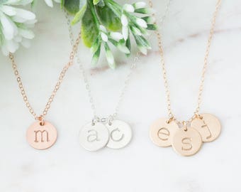 Personalized Family Initial Necklace, 1, 2, 3 Initial Letter Disc Necklace, Multiple Discs, Gift for Mom with Children Kids Names, Rose Gold