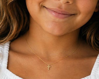 Children's Cross Necklace, Gold or Silver Kids Dainty Cross Necklace, Baptism Gift for Her, Christening Gift, Toddler Baby Girl Cross