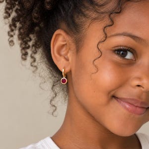 May include: A gold hoop earring featuring a small, circular, deep red gemstone charm. The earring is worn in the earlobe and consists of a thin, polished gold-tone metal hoop with a secure clasp mechanism holding the round, vibrant red stone.