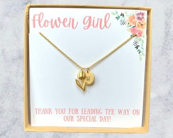 Flower Girl Necklace Gift, Personalized Flower Girl Thank you Necklace, Wedding Jewelry, Flower Pendant Necklace in Gold or Silver, Girls