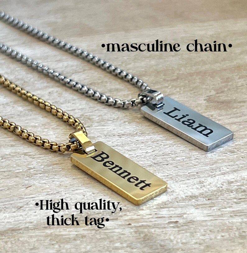 May include: Two pendant necklaces with rectangular tags. One is silver with "Liam" engraved, the other is gold with "Bennett" engraved. The chains are a box style. Text reads "masculine chain" and "High quality, thick tag."