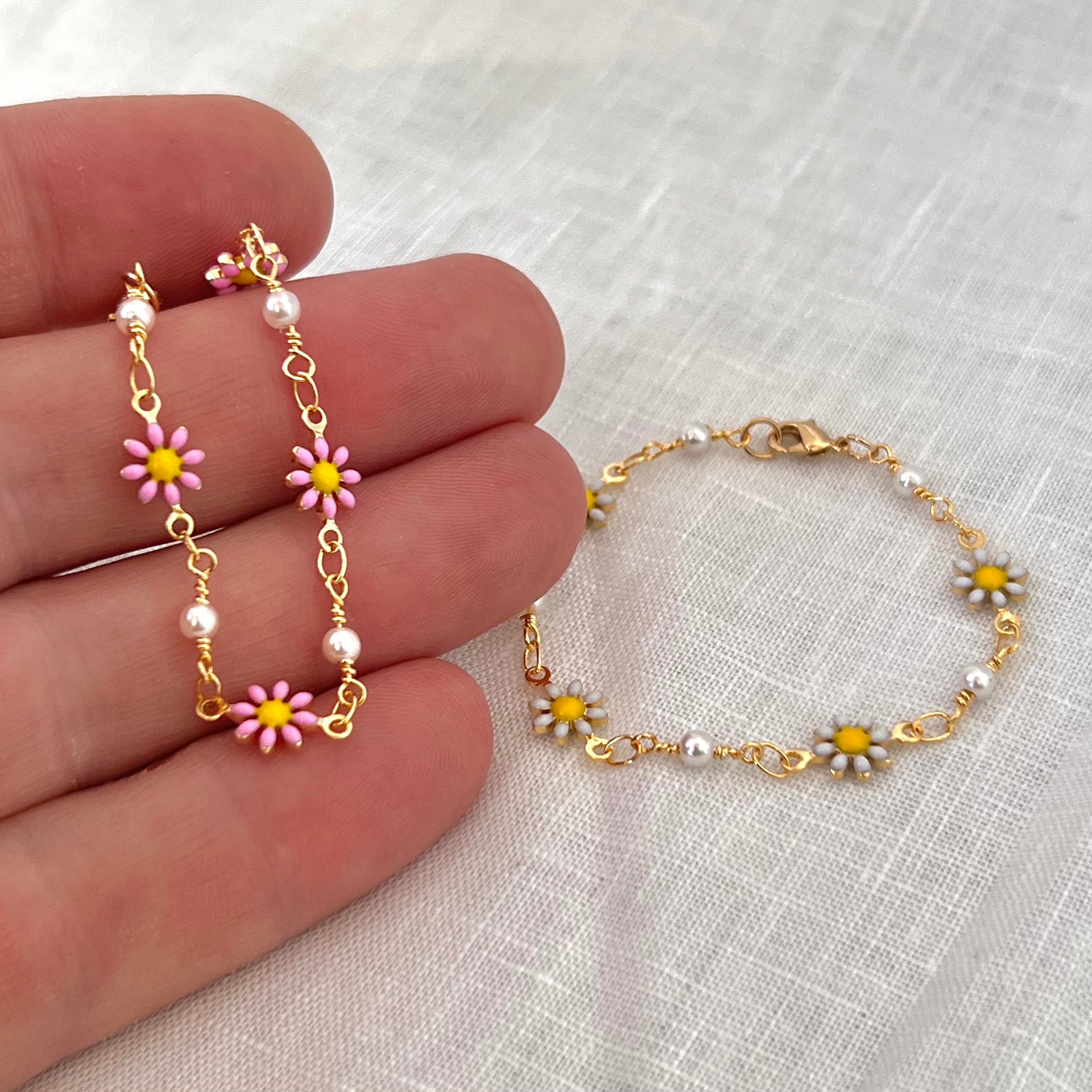 Gold Flower Bracelet for Girls, Children's Pink White Daisy Bracelet, Baby Bracelet, Birthday Gift, Anklet for Kids, Cute Flower Chain