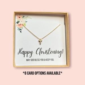 Happy Christening Gift for Girls - Dainty Cross Necklace in Gold or Silver - First Communion Gift for Her - Baptism Gift - Religious Gift