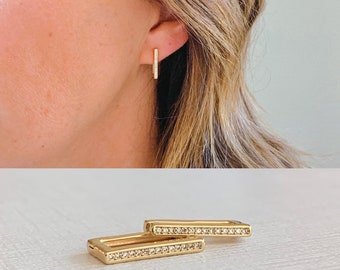 Gold Rectangle Pave Huggie Earrings, Dainty Gold Hoops Earrings, Stainless Steel Hypoallergenic, Trendy Gold Minimalist Everyday Earrings