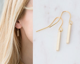 Mini Gold Bar Earrings for Women, Everyday Dangle Earrings, Dainty Minimalist Silver Bar Drop Earrings, Bridal Party Wedding Jewelry