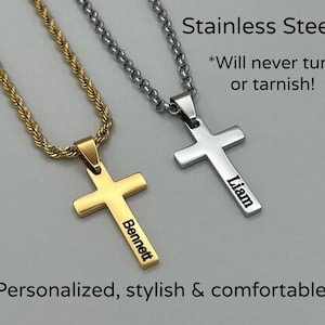Boys Cross Necklace Christmas Gift • Name Engraved Personalized Cross Necklace for Teen Boys Men •  Custom Christmas & Birthday Gift for Guy