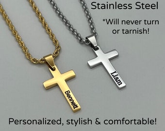 Boys Cross Necklace Christmas Gift • Name Engraved Personalized Cross Necklace for Teen Boys Men •  Custom Christmas & Birthday Gift for Guy