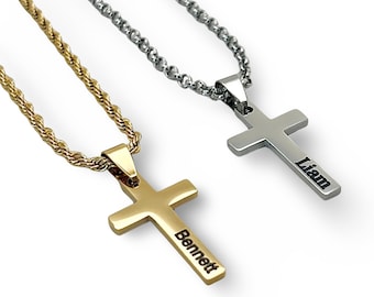 Boys Personalized Baptism Cross Necklace, Engraved Custom Cross Necklace for First Communion, Confirmation Gift For Guys, Crucifix Necklace