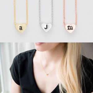 Tiny Gold Initial Necklace / Personalized Heart Pendant Necklace / Rose Gold Initial / Silver Initial / Hand Stamped / Bridesmaid Gift