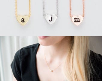 Tiny Gold Initial Necklace / Personalized Heart Pendant Necklace / Rose Gold Initial / Silver Initial / Hand Stamped / Bridesmaid Gift