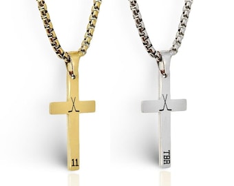 Collar de cruz de hockey personalizado • Regalo de cumpleaños, Navidad y San Valentín para jugadores de hockey • Joyería de hockey con fe deportiva para niños • Iniciales de números