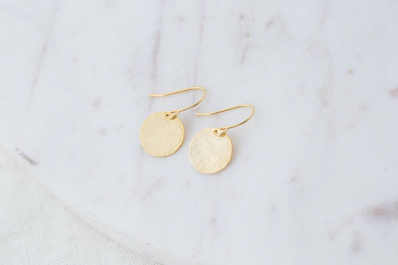 Gold Disc Earrings, Gold Hammered Disk Drop Earrings, Mothers Day Gift, Gift for Mom, Grandma Gift, Everyday Earrings, Wife, Girlfriend gift image 2