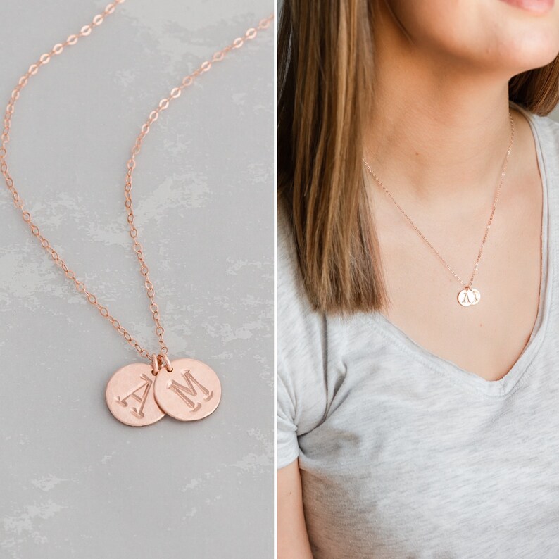 Initial Necklace With Kid's Initials Rose Gold Coin Etsy