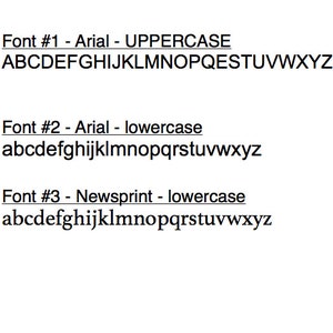May include: A close-up of three different fonts displayed in uppercase and lowercase letters. The fonts are Arial and Newsprint. The text reads: "Font #1 - Arial - UPPERCASE ABCDEFGHIJKLMNOPQESTUVWXYZ Font #2 - Arial - lowercase abcdefghijklmnopqrstuvwxyz Font #3 - Newsprint - lowercase abcdefghijklmnopqrstuvwxyz"