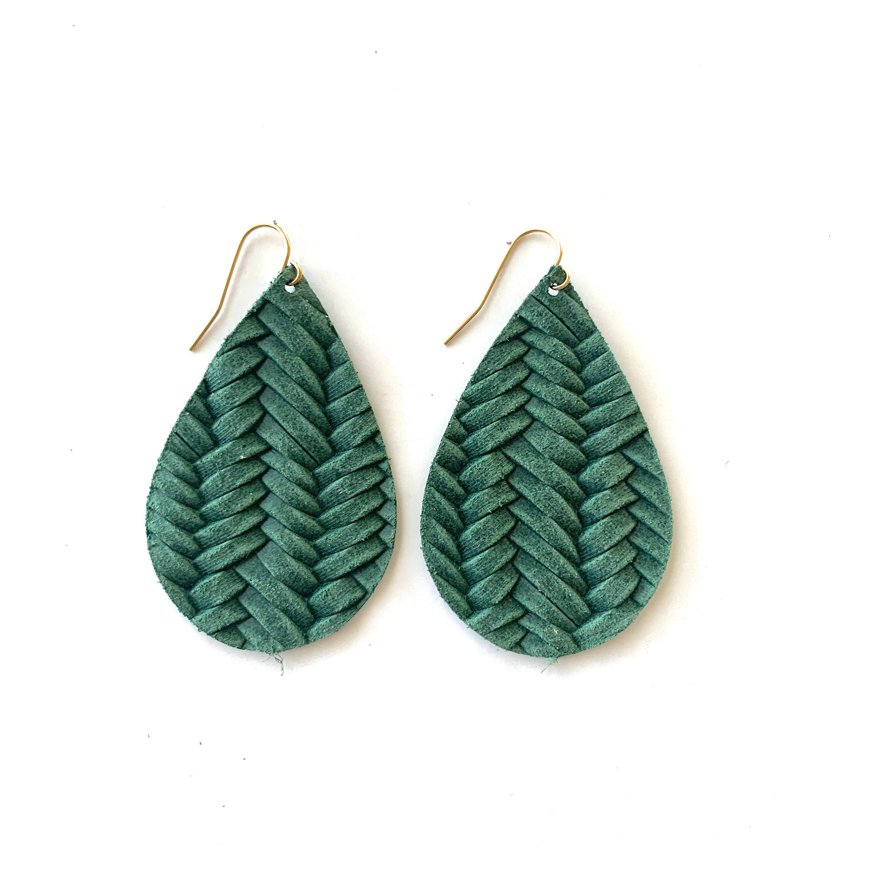 Pine Green Fishtail Braided Leather Earrings Embossed Leather