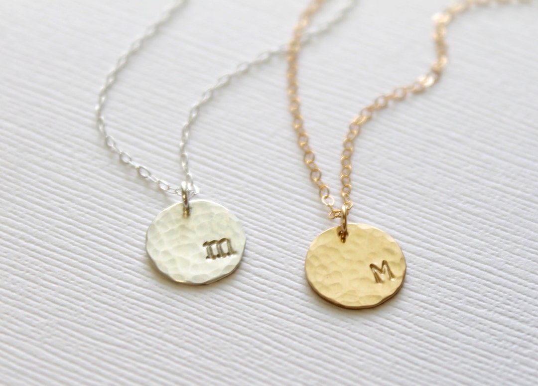 Hammered Initial Necklace Personalized Initial Disc Necklace Bridesmaid Gifts Gift for Women Dainty Initial Hammered Disc Hand Stamped Etsy