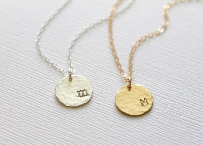 Hammered Initial Necklace, Personalized Initial Disc Necklace, Bridesmaid Gifts, Gift for Women, Dainty Initial, Hammered Disc, Hand Stamped image 1