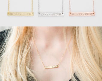 Roman Numeral Necklace, Bridesmaid Gift, Bar Necklace, Anniversary, Birthday Gift, Rose gold Silver Gold Necklace