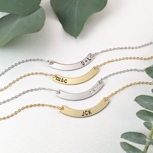 Bar Necklace, Personalized Curved Bar Name Plate Necklace, Gold Bar Necklace, Silver Bar, Name Necklace, Bridesmaid Gifts, Custom Gift image 1