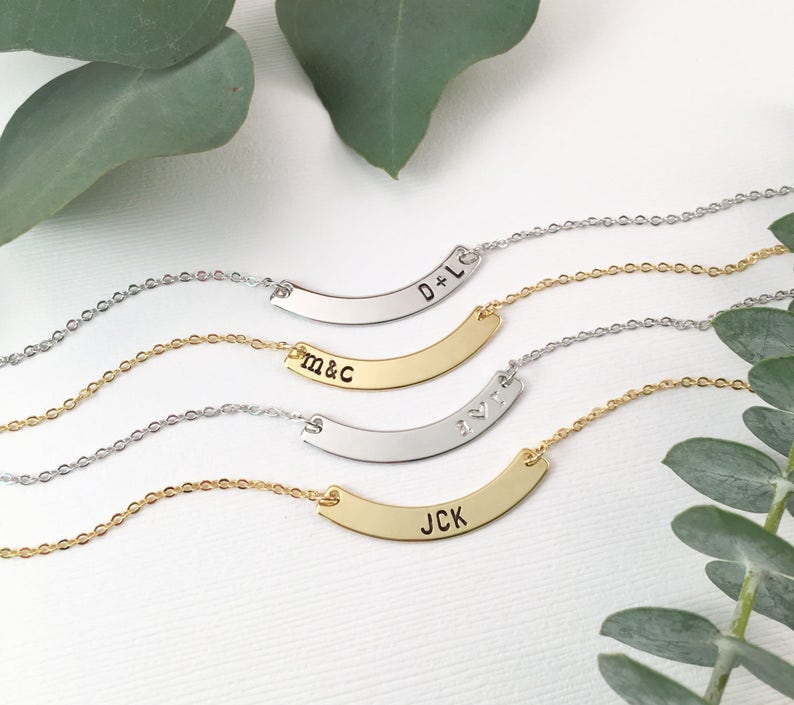 Bar Necklace, Personalized Curved Bar Name Plate Necklace, Gold Bar Necklace, Silver Bar, Name Necklace, Bridesmaid Gifts, Custom Gift image 1