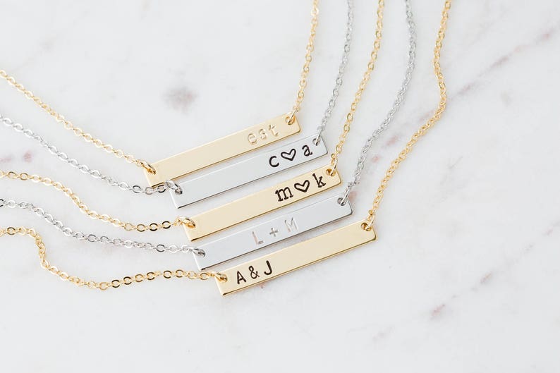 Personalized Bar Name Plate Necklace / Gold Bar Initial Necklace / Bridesmaid Gift / Hand Stamped Jewelry / Custom Rose Gold Bar Necklace 