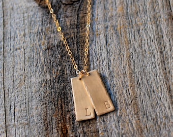 Personalized Gold Initial Necklace / Custom Gold Bar Name Necklace / Multiple Tags / Mommy Jewelry / Mothers Necklace / Hand Stamped Jewelry