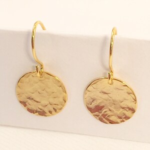 Gold Disc Earrings, Gold Hammered Disk Drop Earrings, Mothers Day Gift, Gift for Mom, Grandma Gift, Everyday Earrings, Wife, Girlfriend gift image 6