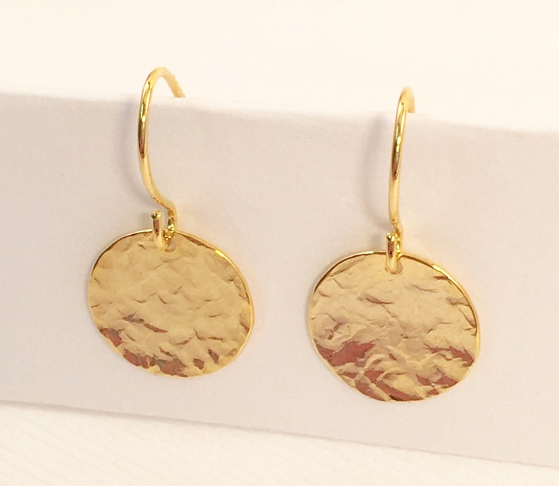 Gold Disc Earrings, Gold Hammered Disk Drop Earrings, Mothers Day Gift, Gift for Mom, Grandma Gift, Everyday Earrings, Wife, Girlfriend gift image 6