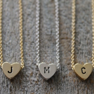 Tiny Gold Heart Initial Necklace - Personalized Heart Pendant Necklace - Hand Stamped Letter Monogram Minimalist Jewelry - Bridesmaid Gifts