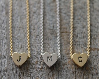 Tiny Gold Heart Initial Necklace - Personalized Heart Pendant Necklace - Hand Stamped Letter Monogram Minimalist Jewelry - Bridesmaid Gifts