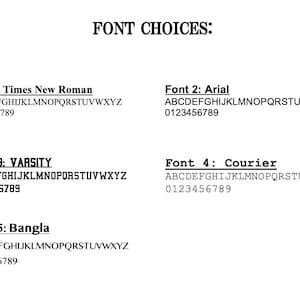 May include: Image displaying font choices with the text "FONT CHOICES:" at the top. Five font styles are shown: Times New Roman, Arial, Varsity, Courier, and Bangla. Each font is displayed with the alphabet and numbers 0-9.