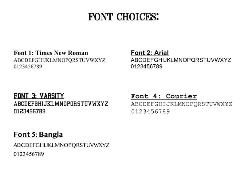 May include: Image displaying font choices with the text "FONT CHOICES:" at the top. Five font styles are shown: Times New Roman, Arial, Varsity, Courier, and Bangla. Each font is displayed with the alphabet and numbers 0-9.