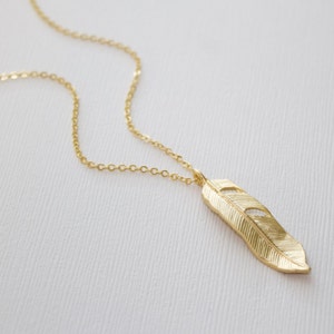 Long Gold Layering Necklace, Feather Necklace, Bohemian Necklace, Gold Feather Pendant, Handmade Minimalist Jewelry, Boho Chic Necklace