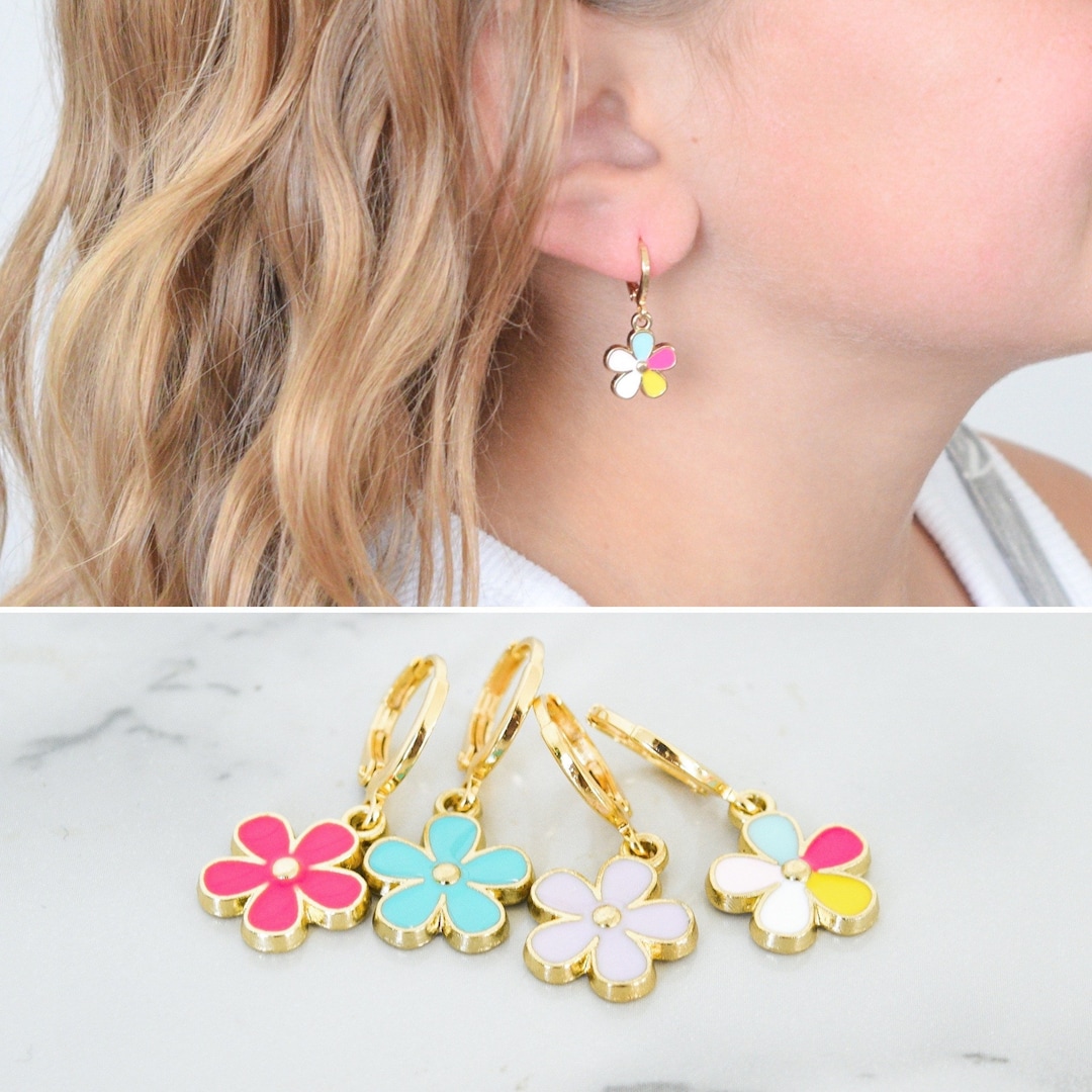 Little Girls Daisy Flower Earrings, Cute Floral Huggie Earrings for