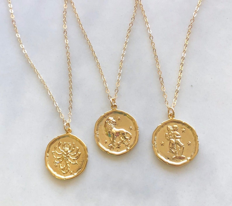 Gold Zodiac Sign Coin Necklace Astrology Sign Necklace Etsy