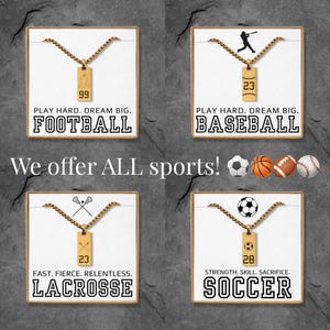 May include: Four framed sports-themed necklaces with gold chains and pendants. Each pendant features a sport's name: football, baseball, lacrosse, and soccer. The text "We offer ALL sports!" is also displayed.
