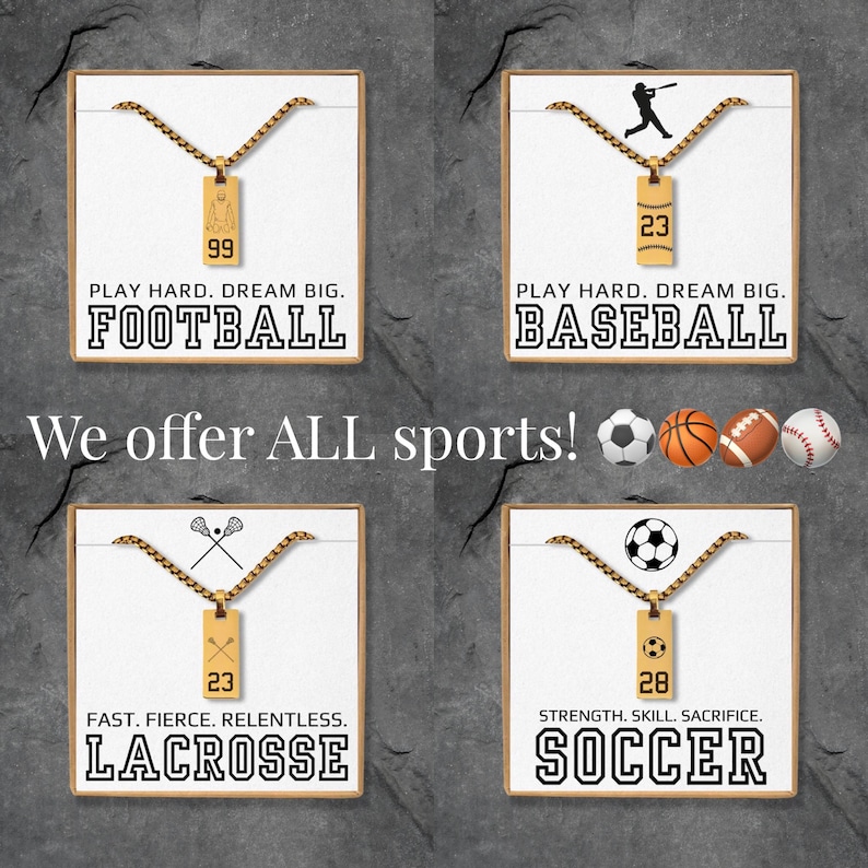 May include: Four framed sports-themed necklaces with gold chains and pendants. Each pendant features a sport's name: football, baseball, lacrosse, and soccer. The text "We offer ALL sports!" is also displayed.