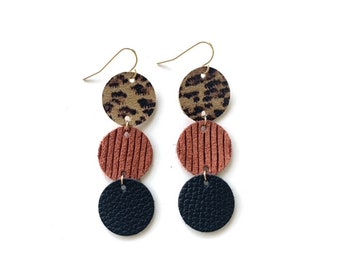 Leopard Print Rust Black Leather Circle Earrings, Triple Tiny Circle, Circle Drops, Genuine Leather, Trendy Spring Summer 2020 Earrings