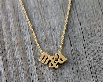 LOVE Tiny Gold Lowercase Initial & Ampersand Necklace - Gold Letter Personalized Bridesmaid Gift Wedding Monogram Jewelry - Couples Necklace