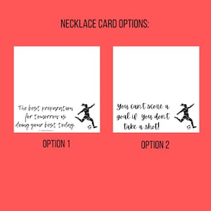 May include: Two card designs featuring a silhouette of a female soccer player. The first card reads "The best preparation for tomorrow is doing your best today." The second card reads "You can't score a goal if you don't take a shot!"