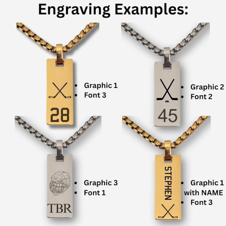 May include: Four pendant necklaces with hockey-themed engravings. The pendants are rectangular and attached to chain necklaces. The engravings include hockey sticks, numbers, a hockey helmet, and the name "STEPHEN". The text "Engraving Examples" is at the top.