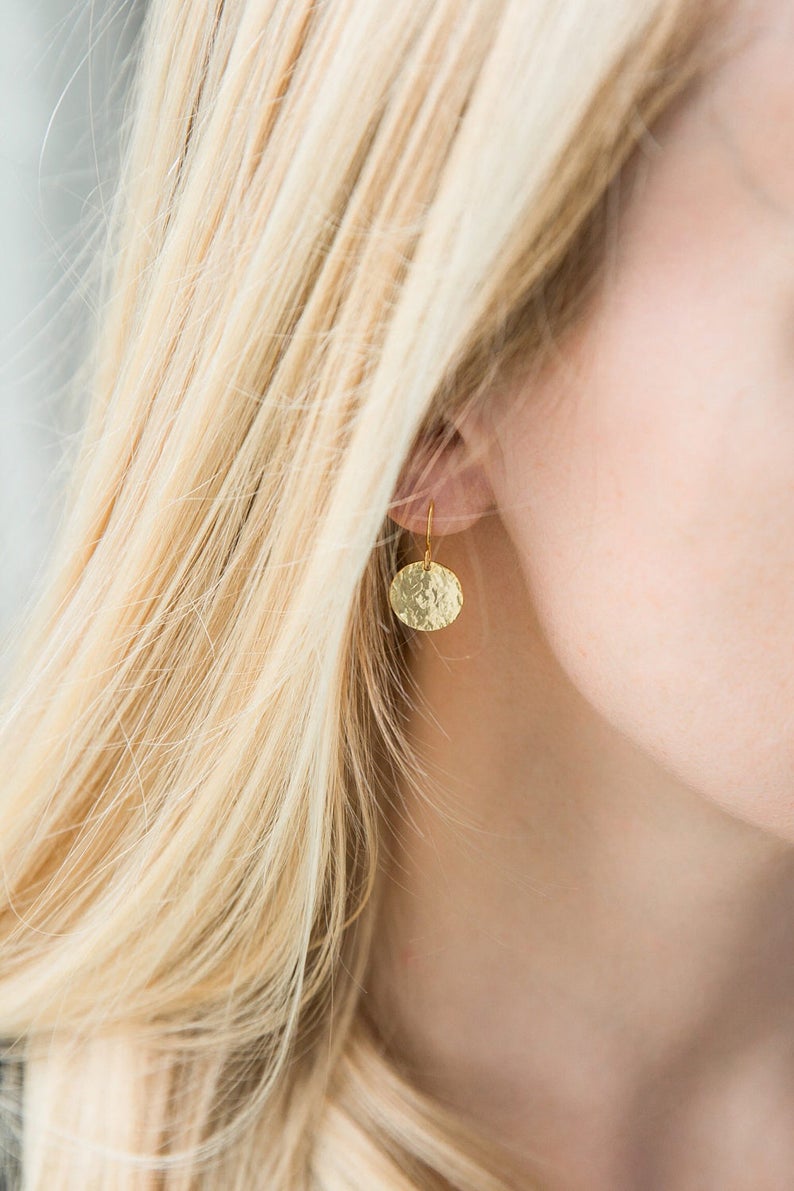 Gold Disc Earrings, Gold Hammered Disk Drop Earrings, Mothers Day Gift, Gift for Mom, Grandma Gift, Everyday Earrings, Wife, Girlfriend gift image 1