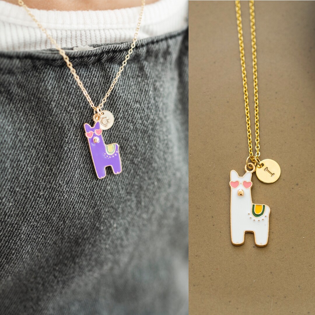 Children's Llama Gold Personalized Initial Necklace, Cute Toddler Baby