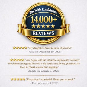 May include: A circular gold and navy blue badge featuring the text Buy With Confidence 14,000+ REVIEWS with five gold stars. Below are three customer testimonials with five-star ratings from Katie, Angela, and Eva dated December and January.