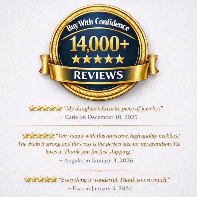 May include: A circular gold and navy blue badge featuring the text Buy With Confidence 14,000+ REVIEWS with five gold stars. Below are three customer testimonials with five-star ratings from Katie, Angela, and Eva dated December and January.