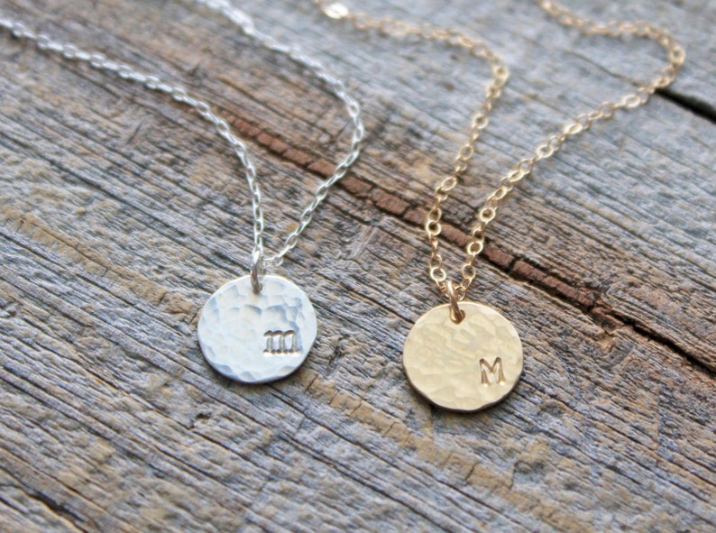 Hammered Initial Necklace, Personalized Initial Disc Necklace, Bridesmaid Gifts, Gift for Women, Dainty Initial, Hammered Disc, Hand Stamped image 4