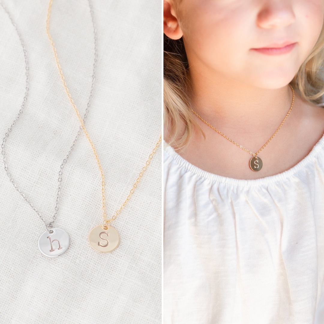 Little Girls Initial Necklace, Toddler Disc Coin Letter Necklace, Baby