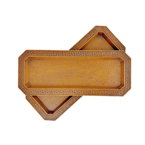 Vintage Mid Century Modern MCM Faux Wood Decorative Tray | Melamine Display Plate with Greek Key Border | Bathroom Entryway Tabletop Decor