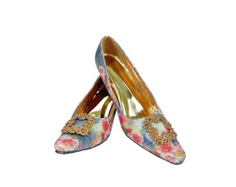 Vintage 90s Women’s Pumps Size 7M | Renetti Floral Sequin and Brocade Embellishment Heels | Pierre Dumas | Wedding Special Event Party Shoes